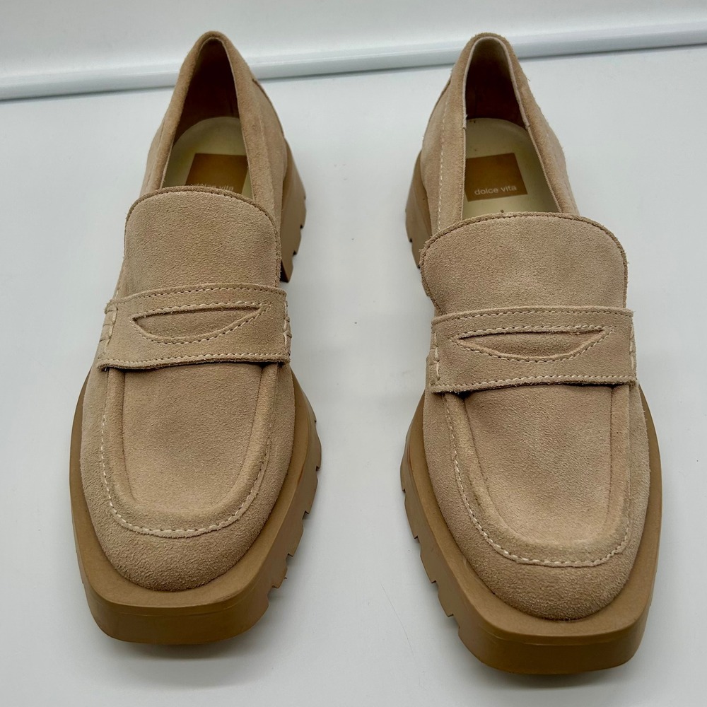 Dolce Vita Elias Tan Suede Leather Lug Sole Loafers Womens 8.5 Platform Shoes - Picture 5 of 12
